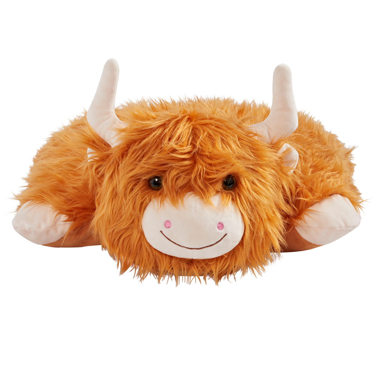 Highland Cow Pillow Pet unfolded into a soft plush pillow with the Highland Cow's head at one end and its brown body extending across the pillow.