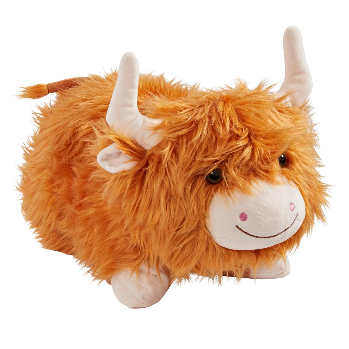 Highland Cow Pillow Pet in plush character form, featuring shaggy brown fur, curved cream horns, and a fluffy forelock.
