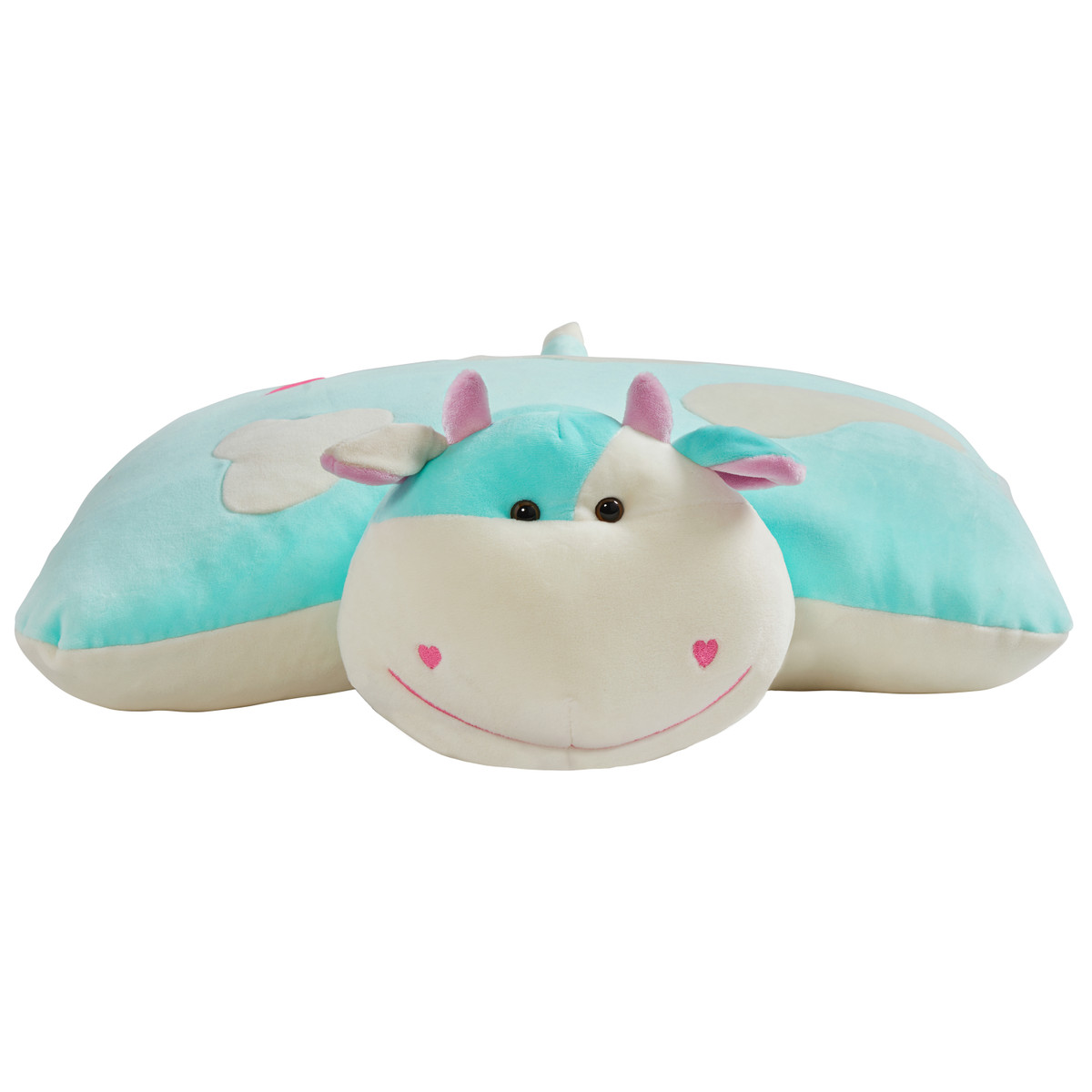 Love Cow Pillow Pet Puff unfolded into a soft plush pillow featuring its smiling face, tiny pink horns, heart-shaped cheeks, and light aqua and white plush.