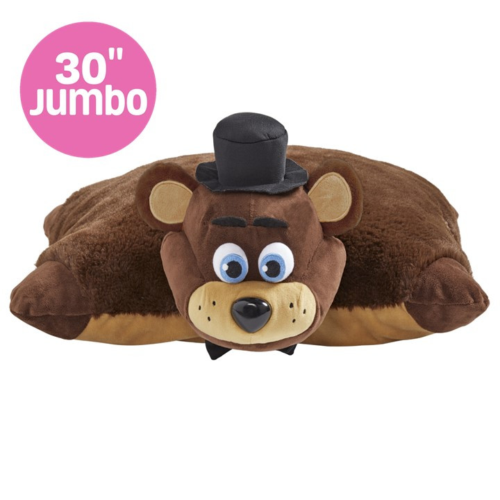 Jumbo 30in Freddy Fazbear Pillow Pet in plush pillow form, featuring brown fur, a black top hat, black bow tie, and blue eyes.