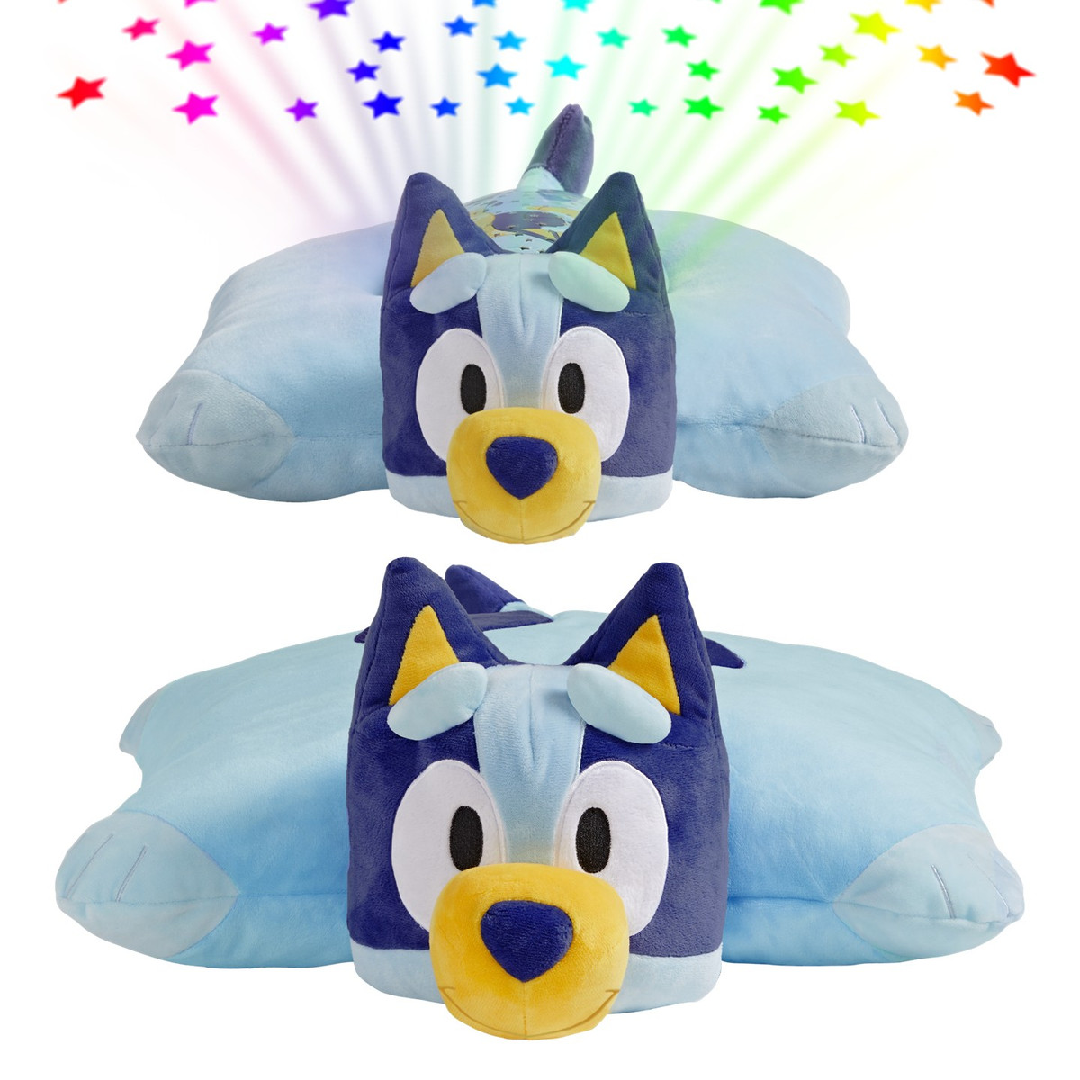 Bluey Sleeptime Lite projecting colorful rainbow stars beside the Bluey Pillow Pet, both unfolded into soft plush pillows.