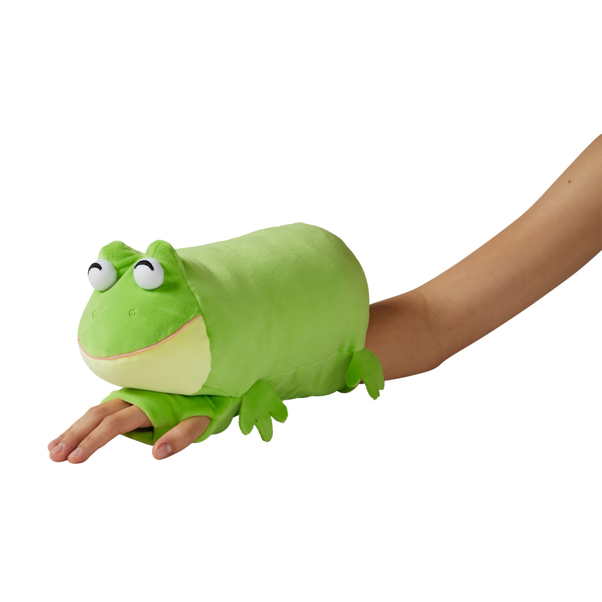 Side view of the Buddy on the Go Plush Finley Frog showing its soft plush design, webbed feet, and wearable sleeve.