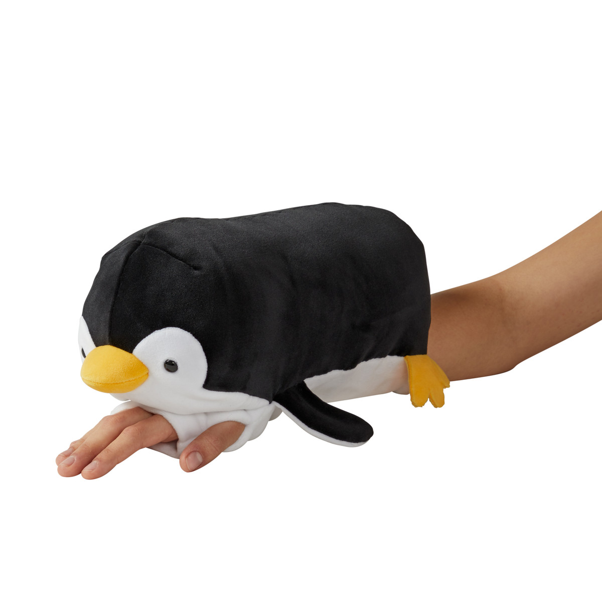 Side view of the Buddy on the Go Plush Percy Penguin showing its soft plush design, flippers, and wearable sleeve.