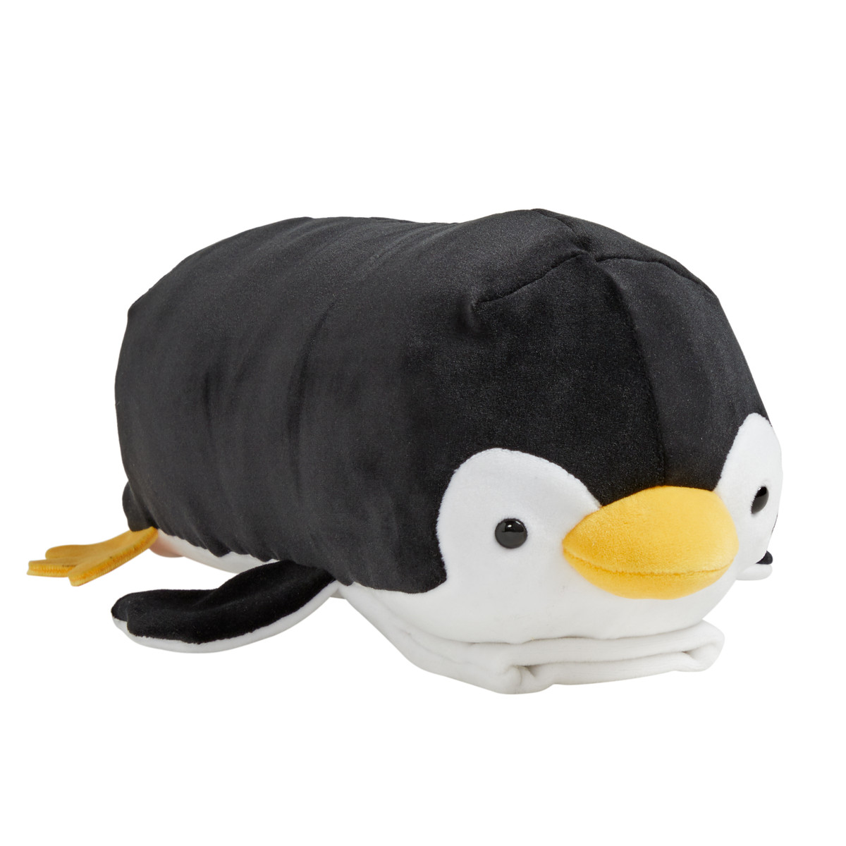 Buddy on the Go Plush Percy Penguin featuring soft black and white plush, a bright yellow beak, black eyes, flippers, and yellow feet.