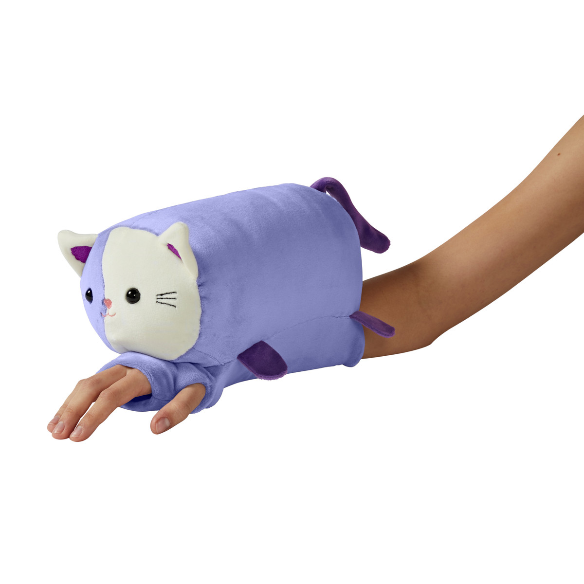 Side view of the Buddy on the Go Plush Chloe Kitty showing its soft plush design, tail, and wearable sleeve.