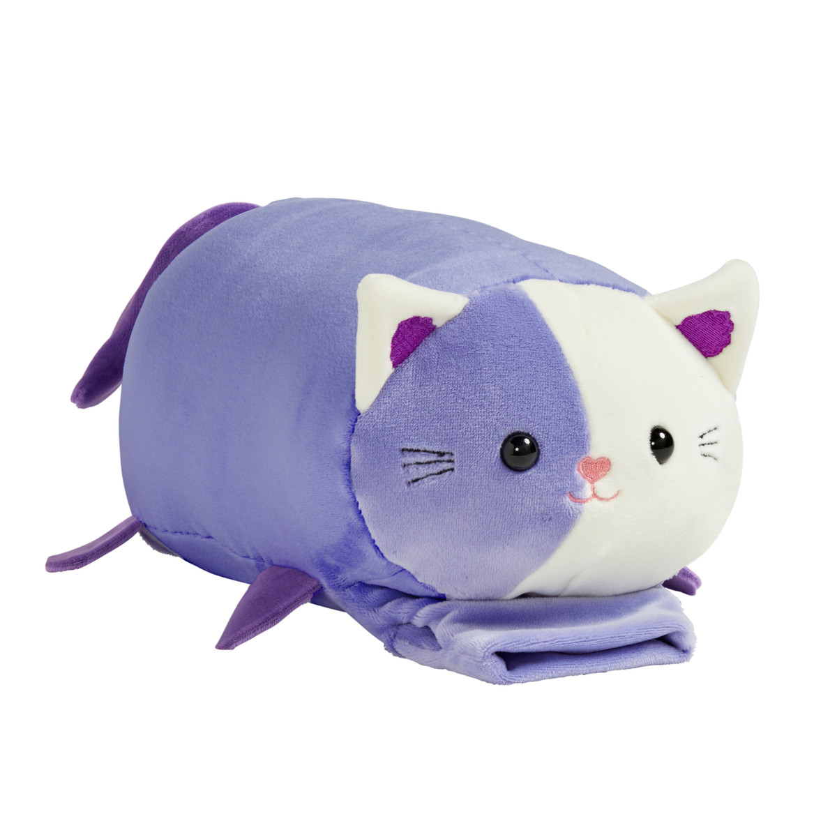 Buddy on the Go Plush Chloe Kitty featuring soft lavender plush, a white face, purple ears, black eyes, a pink nose, embroidered whiskers, and a sweet embroidered smile.