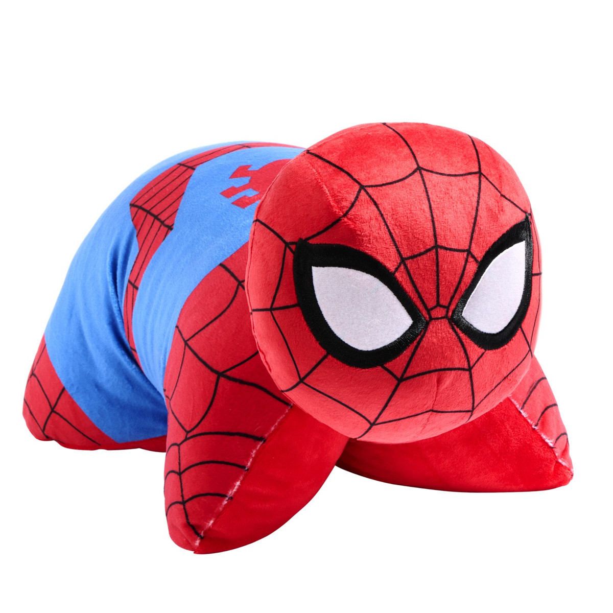 Spider-Man Pillow Pet in plush character form, featuring Spider-Man's red and blue suit with black web detailing and large white eyes.