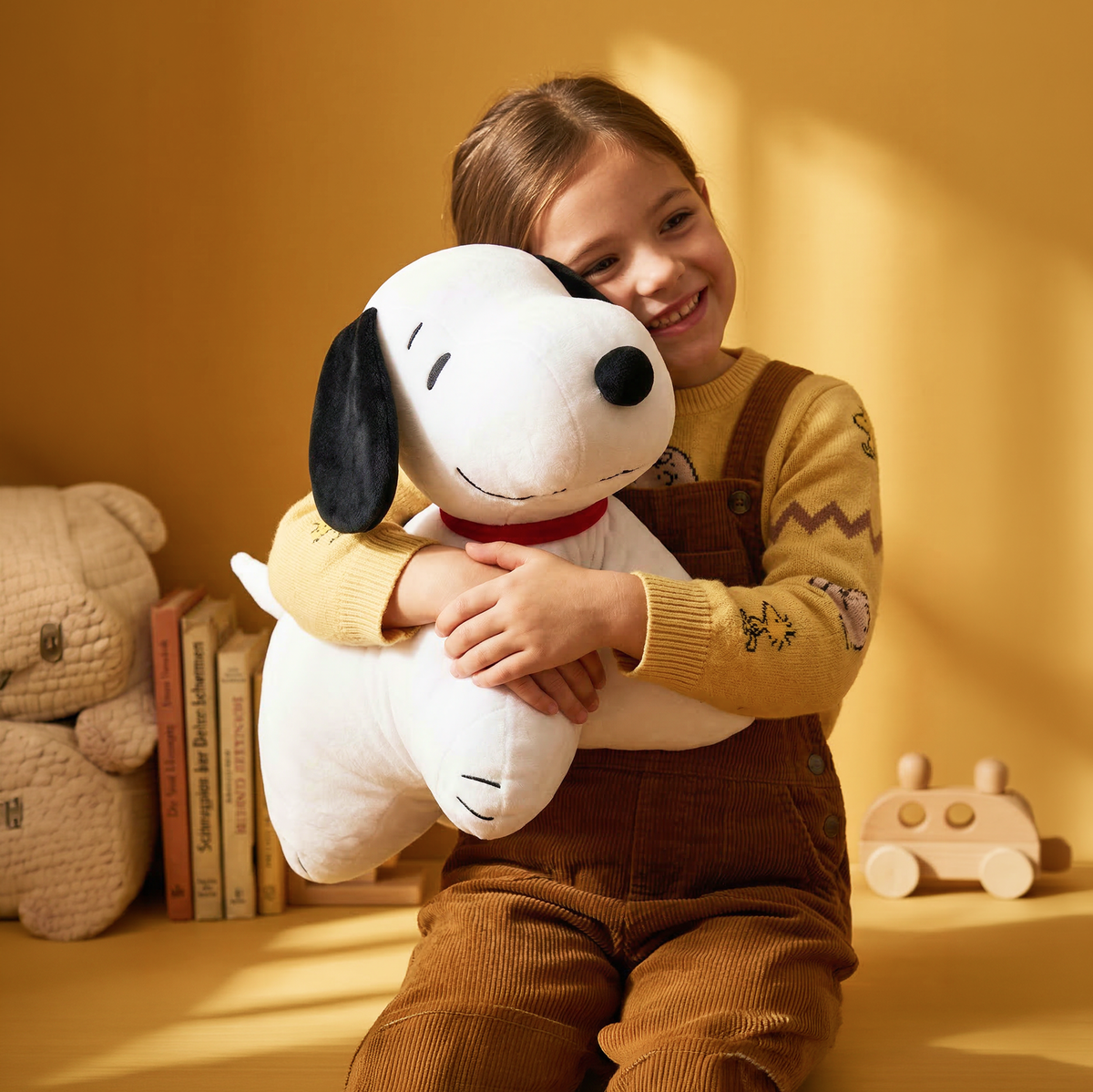 Little girl hugging a Snoopy Pillow Pet