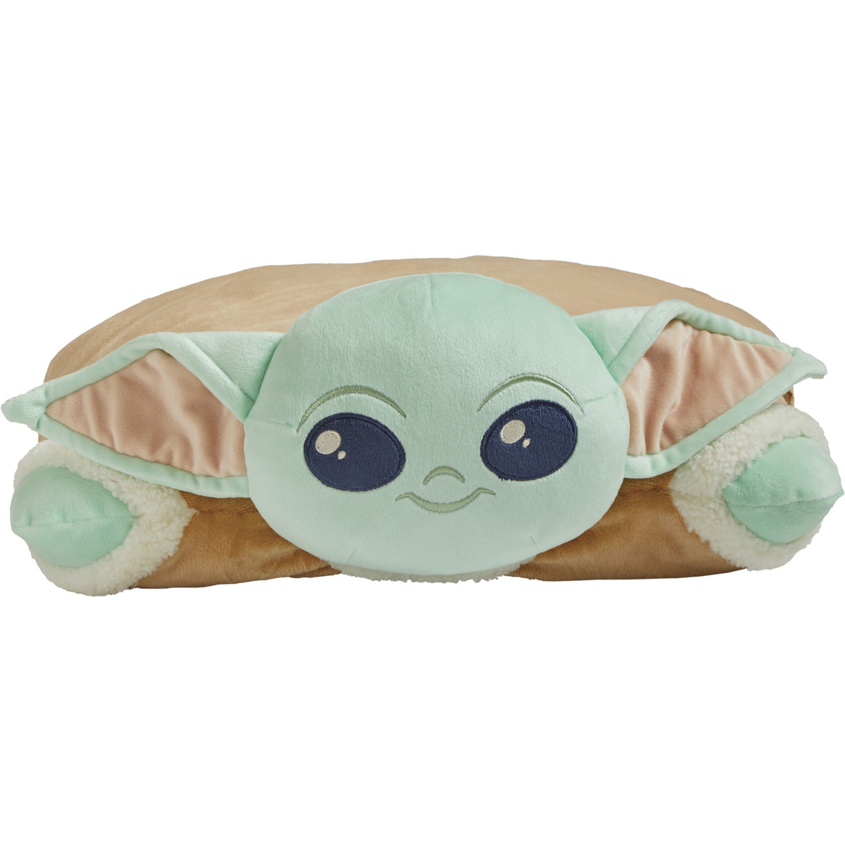 Baby Yoda Pillow Pet unfolded into a soft plush pillow with Baby Yoda's face at one end.
