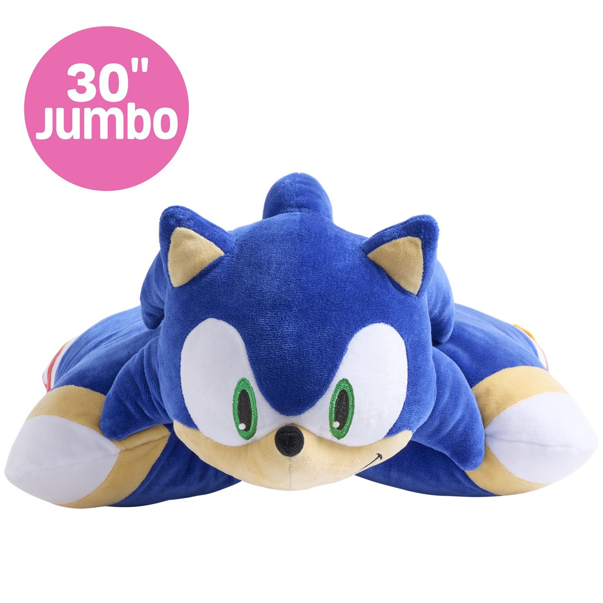 Jumbo 30" Sonic the Hedgehog Pillow Pet featuring Sonic's bright blue fur, green eyes, tan muzzle, white gloves, and red shoes.