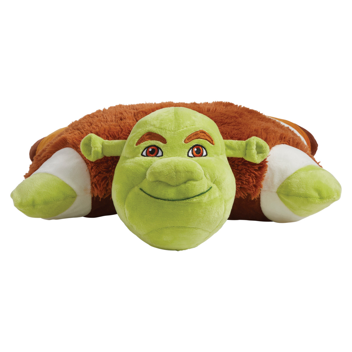 Shrek Pillow Pet unfolded into a soft plush pillow with Shrek's green head at one end and his white tunic and brown vest.