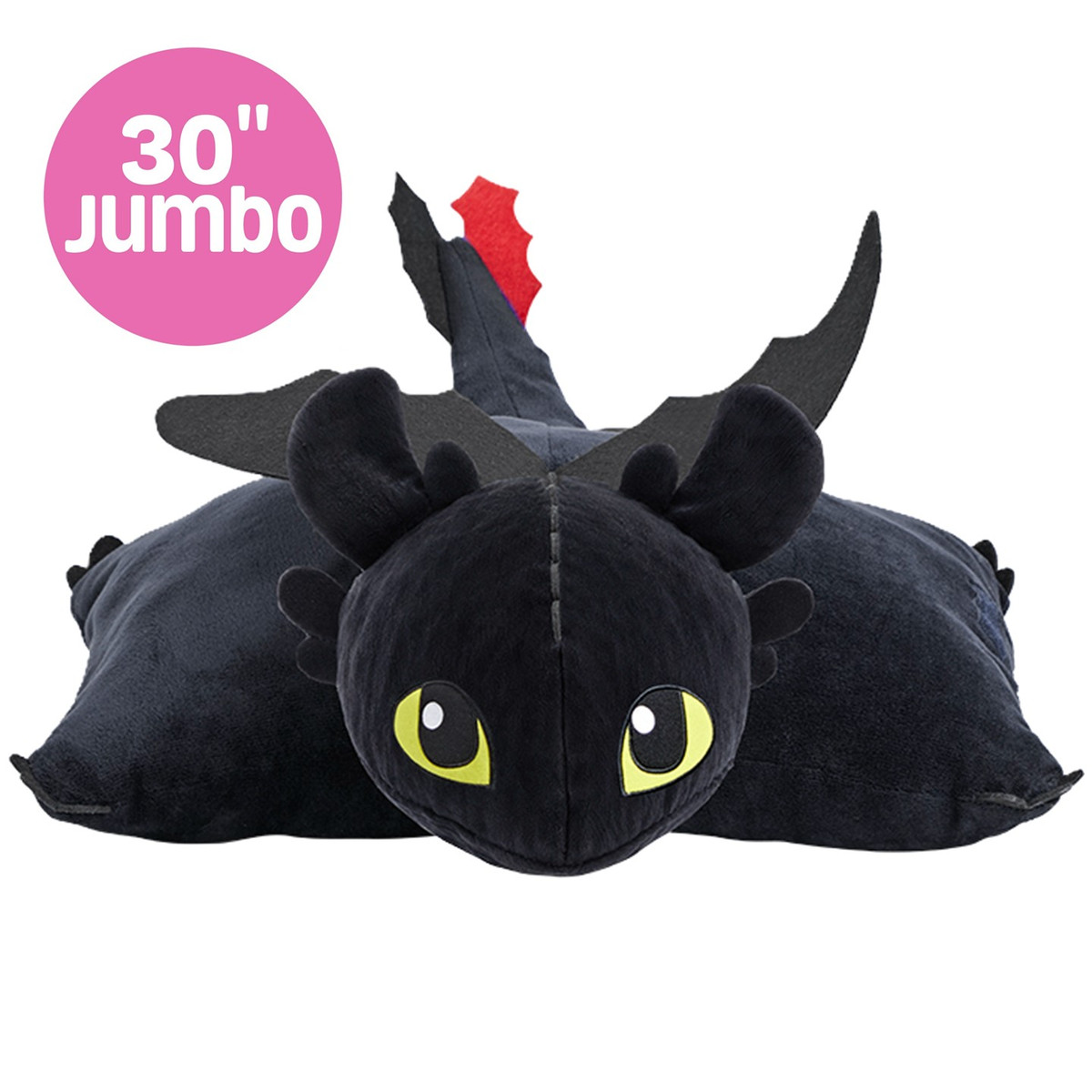 Jumbo 30inch Toothless Pillow Pet folded into an extra-large plush pillow, featuring the Night Fury dragon's black body, bright green eyes, wings, and red tail fin.