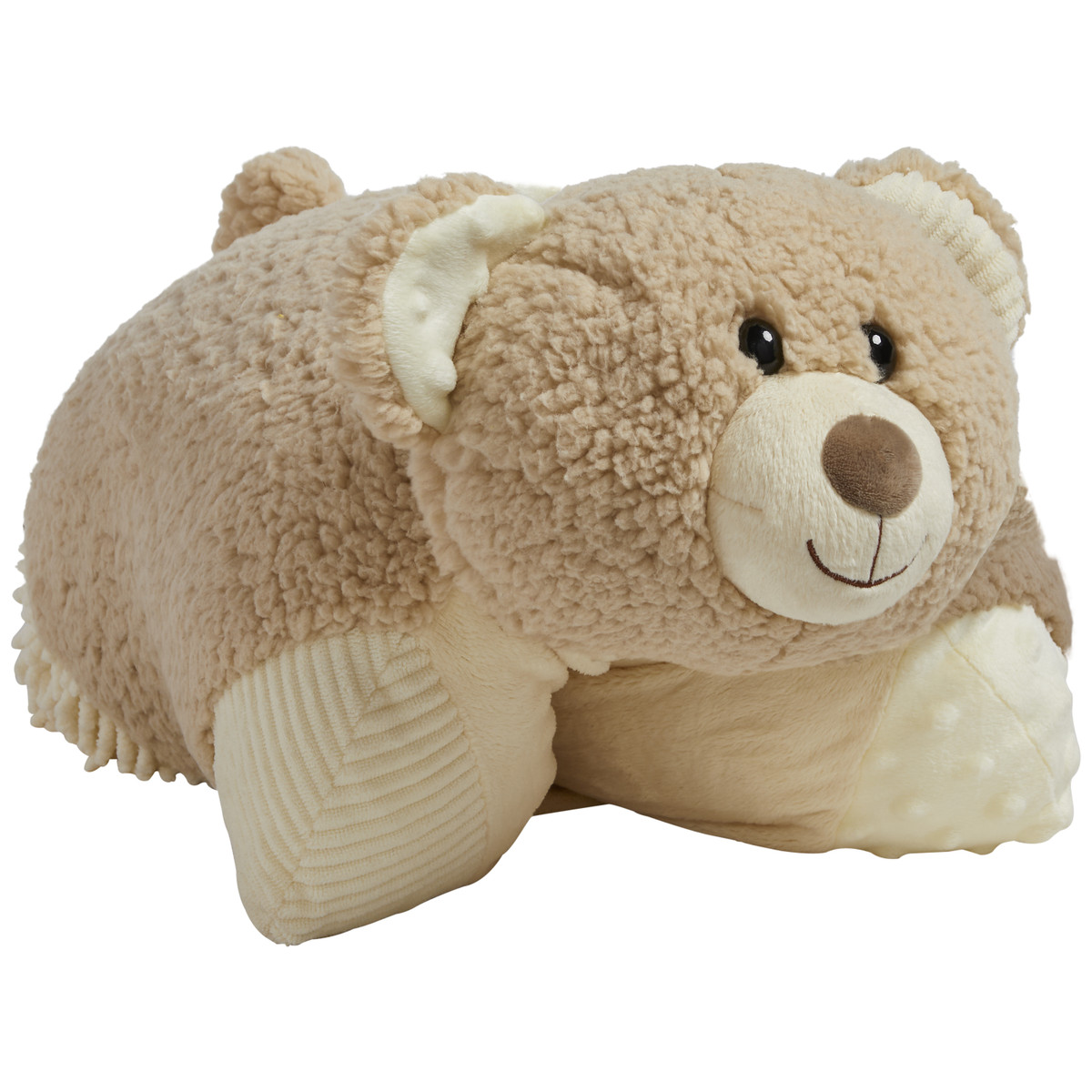 Hiro Bear Weighted Pillow Pet folded in plush bear form, featuring soft tan plush, cream-colored accents, a brown nose, and a gentle smile.