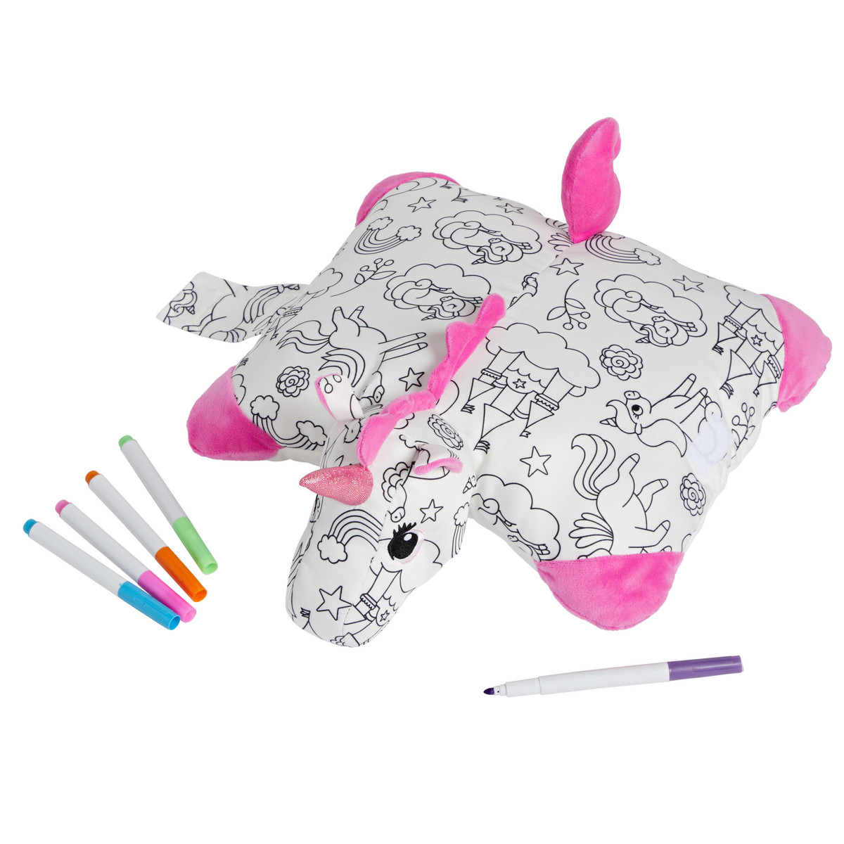 Color On Unicorn Pillow Pet with included washable fabric markers for coloring.