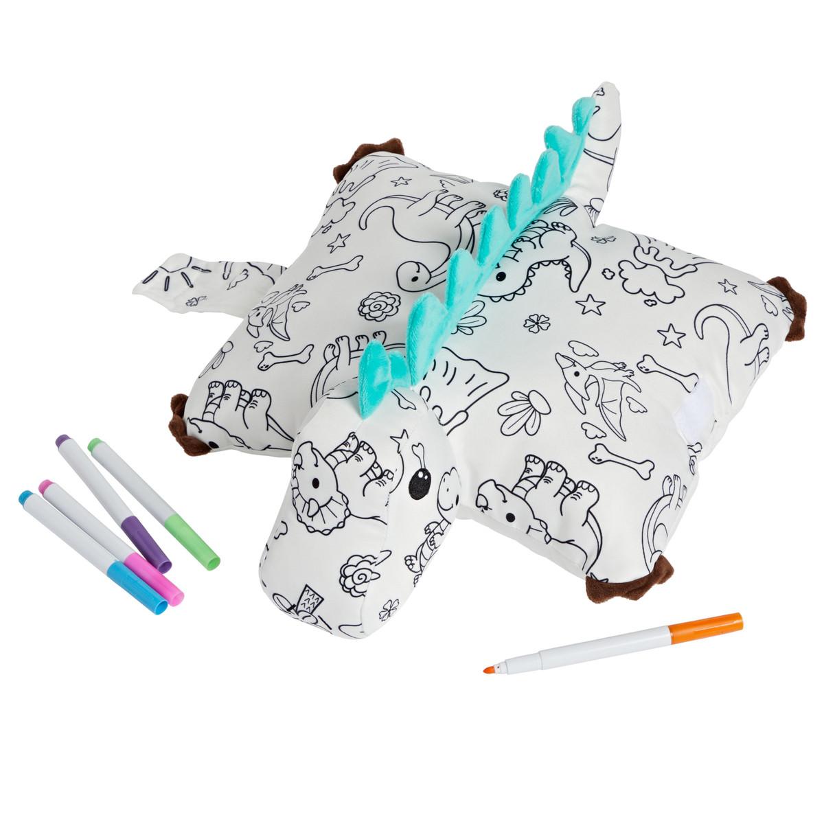 Color On Dinosaur Pillow Pet unfolded into a soft plush pillow with included fabric markers.