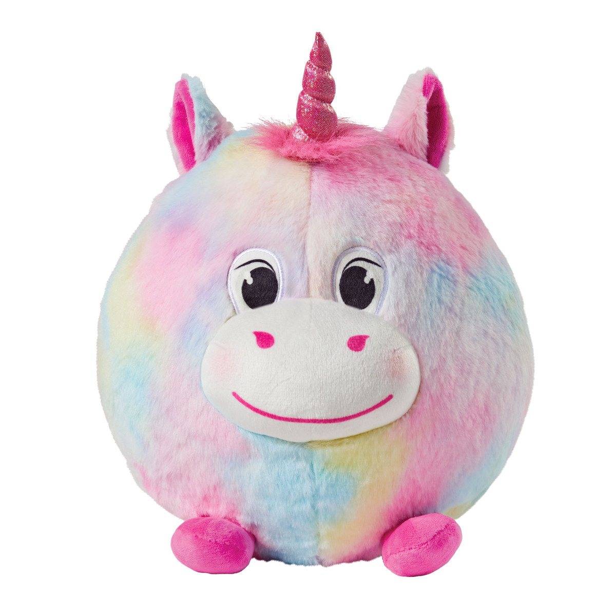 Dreamy Unicorn Puff featuring soft pastel rainbow plush, a sparkly pink horn, a fluffy pink mane, pink hooves, rosy cheeks, and a sweet face.