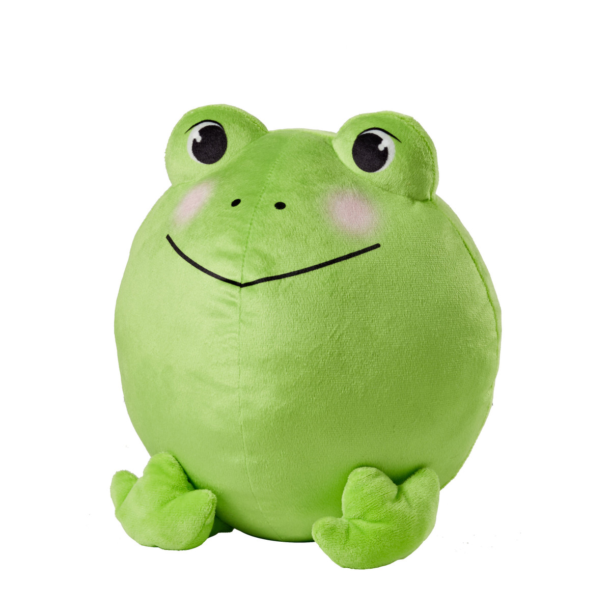 Side view of the Hoppy Frog Puff showing its round plush shape, bright green plush, large raised eyes, and matching green feet.