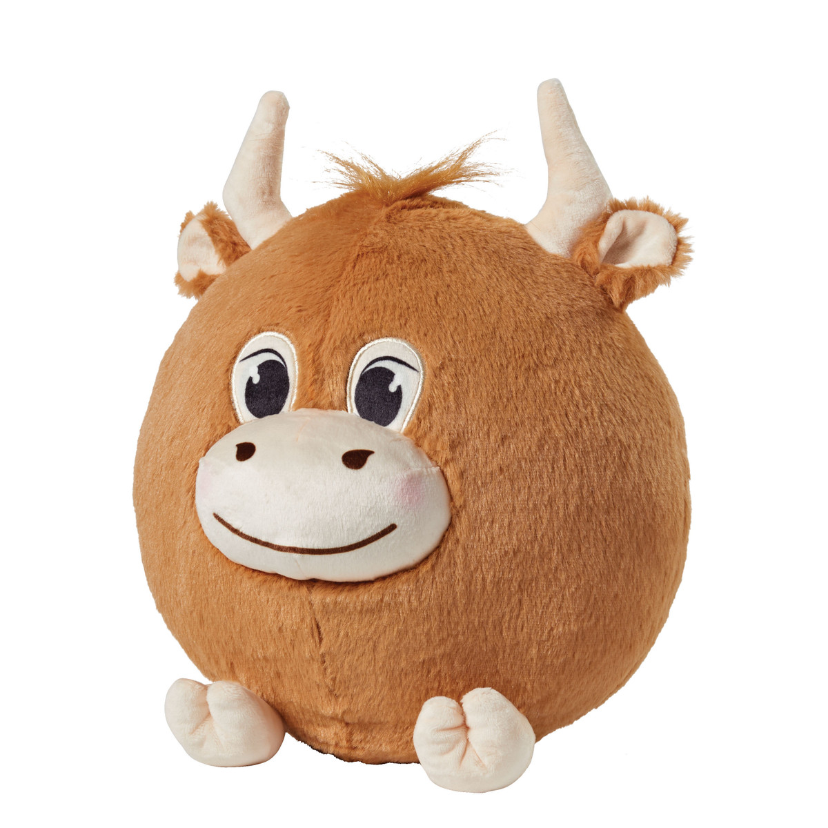 Side view of the Shaggy Cow Puff showing its round plush shape, soft caramel-brown plush, cream-colored horns, small ears, and fluffy tuft of hair.
