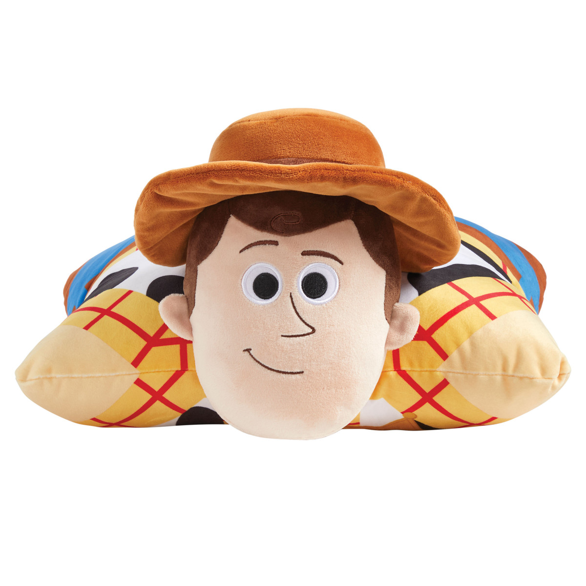 Woody Pillow Pet unfolded into a soft plush cowboy with outstretched arms, wearing his signature brown hat, yellow plaid shirt, cow-print vest, blue jeans, and cowboy boots.