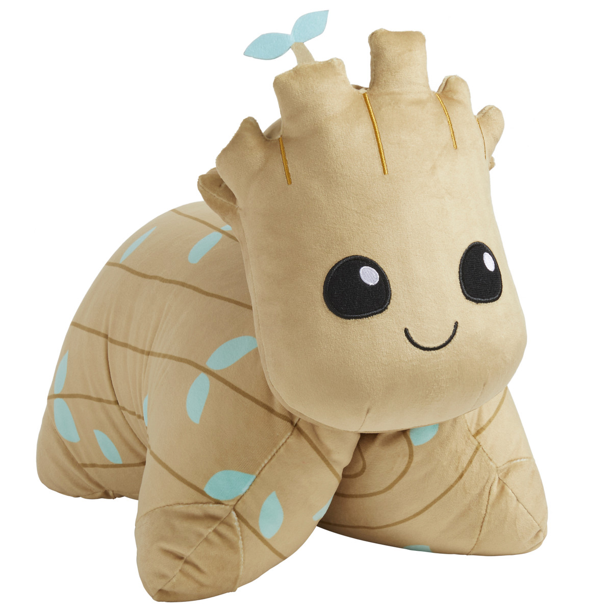 Marvel Groot plush Pillow Pet in folded pet form with embroidered smile and green leaf accents.