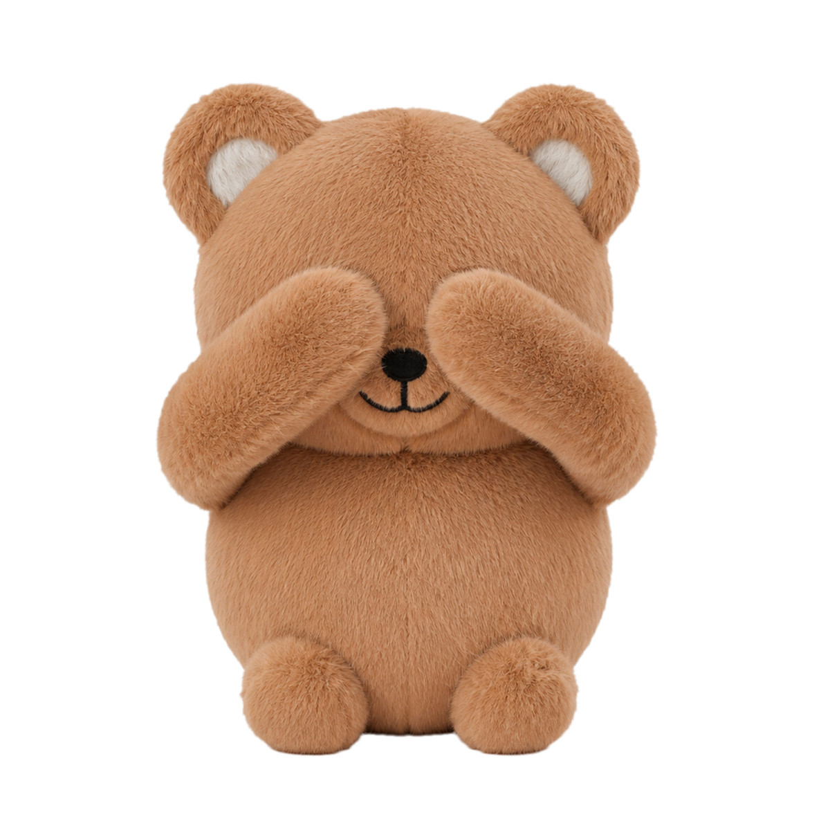 Cute brown Teddy the Bear Boomeez front view with hands covering the eyes, playing peekaboo