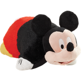 Mickey Mouse Pillow Pet folded in plush character form, featuring soft black plush, embroidered eyes, a black nose, large round ears, red shorts, and yellow shoes.