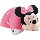 Pink Minnie Mouse Pillow Pet folded in character form, featuring soft pink plush, embroidered eyes, a black nose, large round ears, a pink polka-dot bow, and matching pink polka-dot dress.