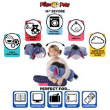 Infographic highlighting the Eeyore Pillow Pet's super-soft plush, pet-to-pillow design, and uses for reading, travel, naps, and sleepovers.