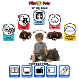 Infographic highlighting the Mr. Bear Pillow Pet's super-soft plush, pet-to-pillow design, and uses for reading, travel, naps, and sleepovers.