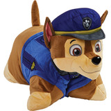 Chase Pillow Pet in plush character form, featuring brown fur, a blue police uniform, a blue police hat, floppy ears, and a friendly smile.