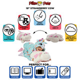 Infographic highlighting the Strawberry Cow Pillow Pet's super-soft plush, pet-to-pillow design, and uses for reading, travel, naps, and sleepovers.