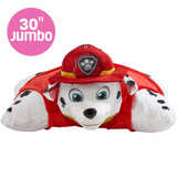 Jumbo 30in Marshall Pillow Pet in extra-large plush pillow form, featuring Marshall's white fur with black spots, red firefighter helmet, red uniform, floppy ears, and cheerful smile.