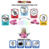 Infographic highlighting the Pink Unicorn Sleeptime Lite's super soft plush, colorful star projection, 20 minute sleep timer, and pet to pillow design.