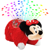 Minnie Mouse Sleeptime Lite projecting colorful stars onto the ceiling, featuring Minnie's black ears, red polka-dot bow and red polka-dot dress.