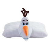 Olaf Pillow Pet unfolded into a soft plush pillow with Olaf's head at one end and his white body extending across the pillow.