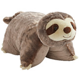 Sunny Sloth Pillow Pet in plush character form, featuring soft brown and cream fur, a smiling face with dark eye patches, and cream-colored claws.