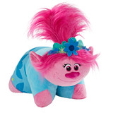 Trolls Poppy Pillow Pet folded in plush character form, featuring bright pink and blue fur, a tall pink hairstyle, a blue flower headband, and a cheerful smile.