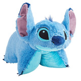 Stitch Pillow Pet folded in plush character form, featuring blue fur, large ears with pink inner ears, big embroidered eyes, and a dark blue nose.