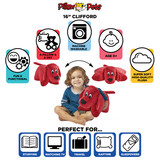 Infographic highlighting the Clifford the Big Red Dog Pillow Pet's super-soft plush, pet-to-pillow design, and uses for reading, travel, naps, and sleepovers.
