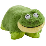 Friendly Frog Pillow Pet folded in plush character form, featuring bright green plush, large embroidered eyes, and a cheerful smile.