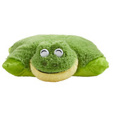 Friendly Frog Pillow Pet unfolded into a soft plush pillow with the frog's head at one end and its green body extending across the pillow.