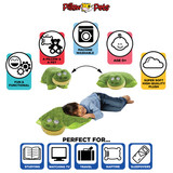 Infographic highlighting the Friendly Frog Pillow Pet's super-soft plush, pet-to-pillow design, and uses for reading, travel, naps, and sleepovers.