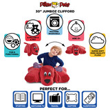 Infographic highlighting the Jumbo Clifford the Big Red Dog Pillow Pet's super-soft plush, pet-to-pillow design, and uses for reading, travel, naps, and sleepovers.