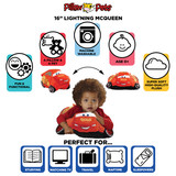 Infographic highlighting the Lightning McQueen Pillow Pet's super-soft plush, pet-to-pillow design, and uses for reading, travel, naps, and sleepovers.