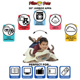 Infographic highlighting the Jumbo Appa Pillow Pet's super-soft plush, pet-to-pillow design, and uses for reading, travel, naps, and sleepovers.