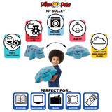 Infographic highlighting the Sulley Pillow Pet's super-soft plush, pet-to-pillow design, and uses for reading, travel, naps, and sleepovers.
