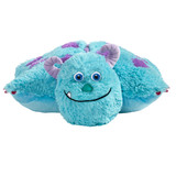 Monsters Inc Sulley Pillow Pet unfolded into a soft plush pillow with Sulley's head at one end and his blue body extending across the pillow.