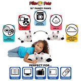 Infographic highlighting the Pandy Paws Pillow Pet's super-soft plush, pet-to-pillow design, and uses for reading, travel, naps, and sleepovers.