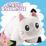 Close-up of the DreamWorks Gabby's Dollhouse Pandy Paws Pillow Pet featuring black and white fur, and a smiling embroidered face.
