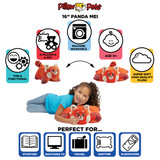 Infographic highlighting the Panda Mei Pillow Pet's super-soft plush, pet-to-pillow design, and uses for reading, travel, naps, and sleepovers.